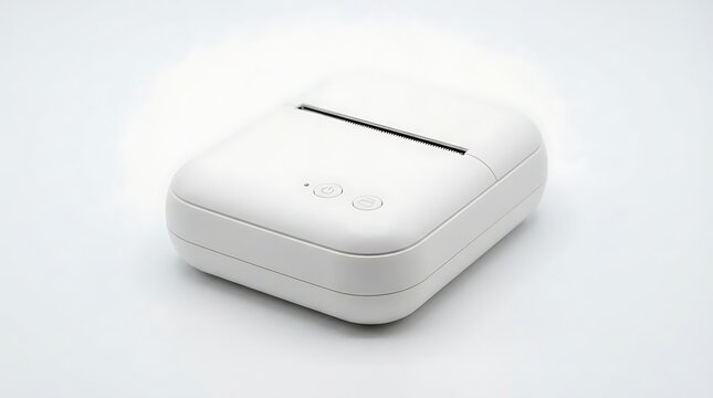 Small white portable thermal printer for printing labels or notes isolated on a white background, with a minimalist, and compact