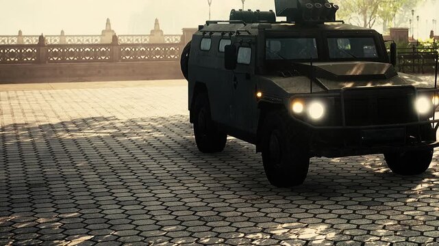 An armored vehicle stands firmly on a cobblestone path bathed in warm sunlight. The tranquil surroundings and intricate patterns of the stones create a peaceful ambiance.