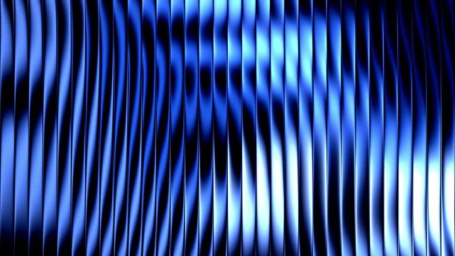 Abstract blue vertical lines waving and glowing with smooth metallic reflection and fluid motion inside digital studio environment