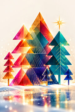 Glittering geometric christmas forest with colorful abstract polygonal pine trees, sparkling star, and snow landscape