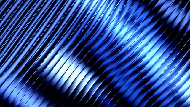 Abstract blue metallic waves smoothly across glossy reflective surface featuring dynamic diagonal stripes and glowing lighting effects for modern backgrounds