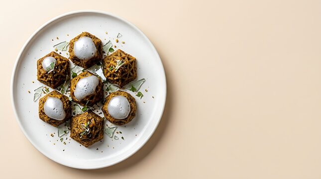 Aphrodite Meatballs filled with Mozzarella cheese, garnished with fresh herbs on white ceramic plate, elegant food photography, appetizer, gourmet meal, dinner, healthy home cooking, top view
