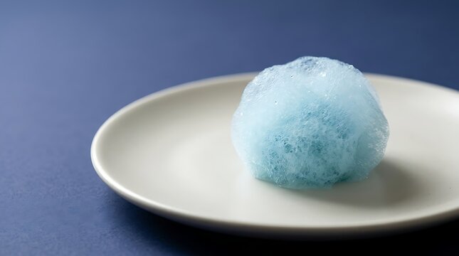 Light blue frozen snow ice ball on white porcelain plate, minimal winter dessert, cold beverage concept