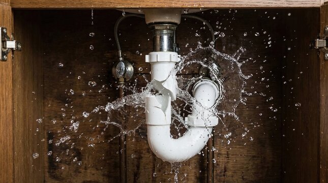 Broken pipe leaking water under sink causing emergency maintenance service for plumbing systems