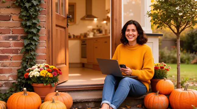 Smiling woman in mustard sweater on doorstep with laptop, phone, pumpkins. Cozy autumn lifestyle image for remote work, fall blogs, and inviting seasonal branding.

