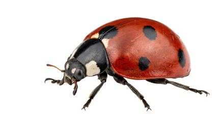 Detailed macro close-up of a red-and-black ladybird beetle on a solid black background © Ophelia