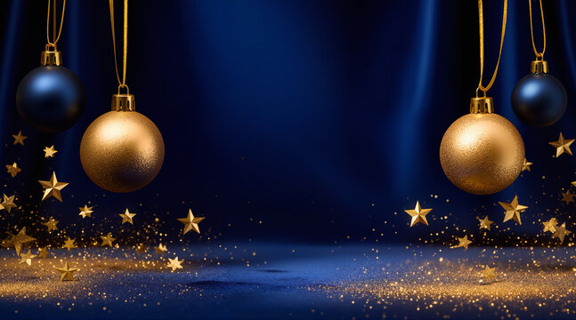 Dark moody orchid, gold bauble, pine, and green gift boxes with gold ribbons. High-end artistic holiday greeting card look for luxury Christmas branding and elegant ads.
