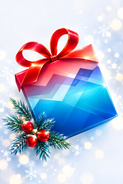 Glossy winter gift box with red bow and holly sprig on a snowy background, with bokeh lights