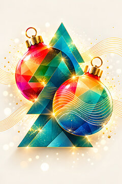 Glossy geometric christmas tree and colorful bauble ornaments with glowing sparkles and wavy lines on light background