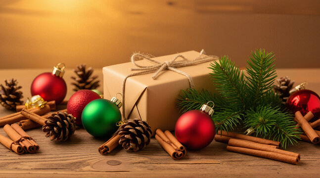 Wooden table with gift-wrapping supplies, kraft paper, twine, ribbon, scissors. Cozy holiday preparation flat lay for DIY wrapping, Christmas crafts, and seasonal blogs.
