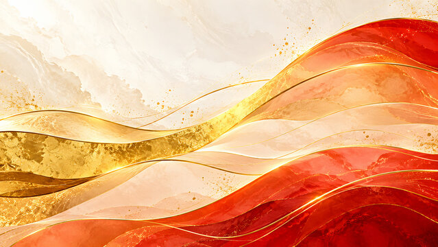 Gold and crimson flowing waves background, with abstract swirling, lines and watercolor textures