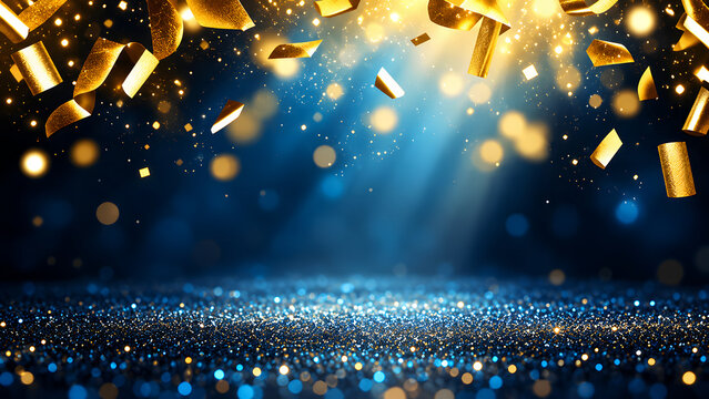 Golden confetti and glowing lights floating above a sparkly blue stage floor background