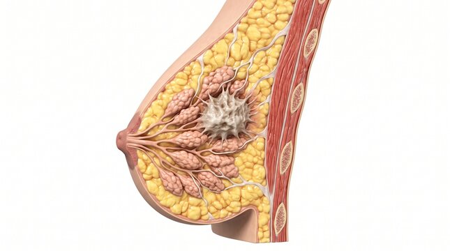 Three-dimensional cutaway of female breast anatomy showing a central tumor and surrounding tissue