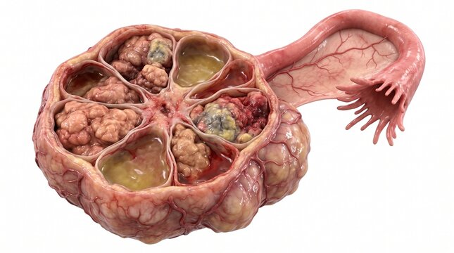 Photorealistic medical model of an enlarged ovary with cystic compartments and fallopian tube