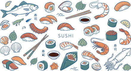 Japanese sushi vector set featuring fresh seafood nigiri maki rolls sashimi salmon shrimp squid octopus chopsticks and ingredients © MDTUTUL