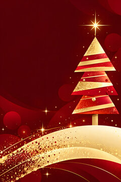 Golden star christmas tree, red and gold holiday background, with abstract shapes, and glowing sparkles