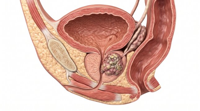 Detailed sagittal cutaway of the male urinary system and surrounding pelvic anatomy