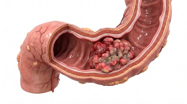 3D cutaway of the sigmoid colon showing a colorectal tumor within the intestinal lumen