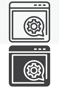 Browser window with gear bubble icon set in line outline and solid styles. Editable stroke vector sign and symbol. Web settings icon for support, service, config icon.