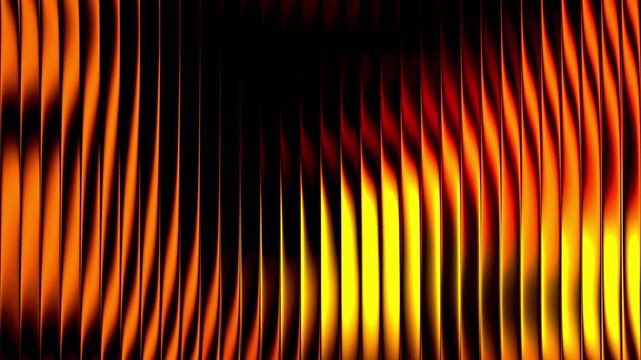 Dynamic vertical metallic waves reflecting glowing orange and yellow light creating a mesmerizing abstract motion pattern in seamless digital background loop