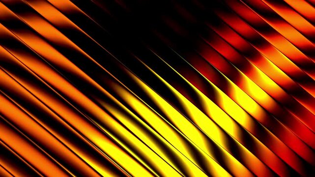 Abstract glowing yellow and orange diagonal metallic stripes shifting with smooth reflective light patterns across dark textured background surface dimensions