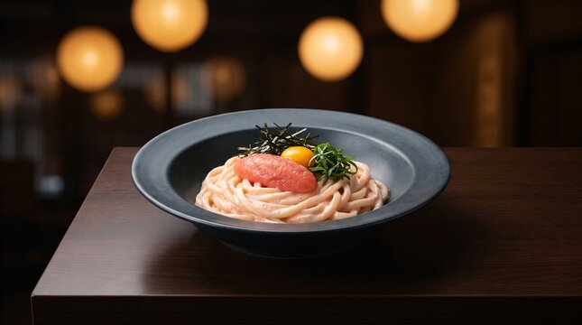 Gourmet Japanese mentaiko udon noodles in rich creamy spicy cod roe sauce garnished with shredded nori served on a dark table in a moody luxury fine dining restaurant with warm ambient bokeh