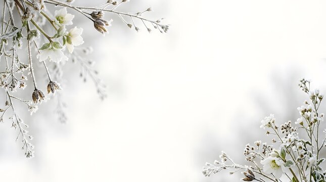 Frost covered delicate branches with small white flowers and buds on a bright winter day.