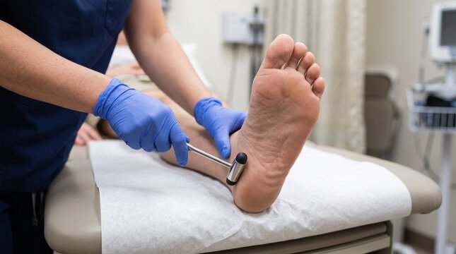 Healthcare Professional Assessing the Plantar Response of an Adult Patient