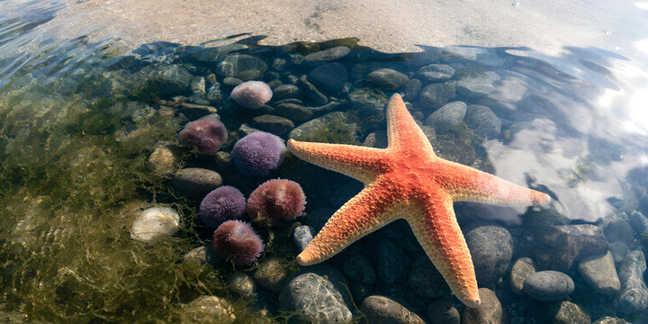 Clear tide pool with colorful sea star, pebbles, and green algae