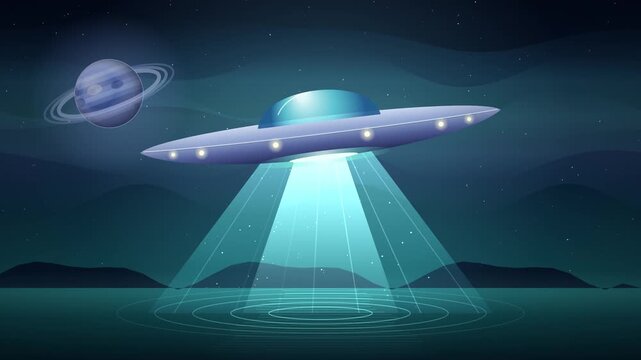 UFO Flying Saucer Abducting With Light Beam Over Mysterious Night Landscape