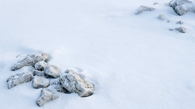 Snowy ground with rocks winter landscape background texture with copy space for seasonal design.