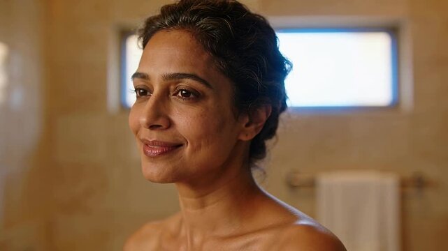 Smiling bare-shouldered woman starting downcast gaze, facing camera in bath with window towel rack