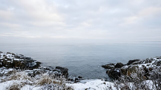 Misty winter sea landscape with snow covered rocky shore and frost on coastal plants under cloudy sky.