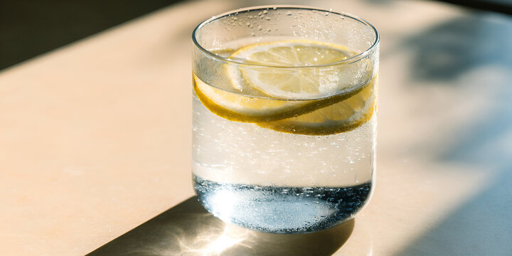 Sparkling citrus water in a clear tumbler with lemon slices on pale stone