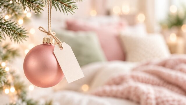 Pink Christmas bauble and blank gift tag in cozy pastel setting
