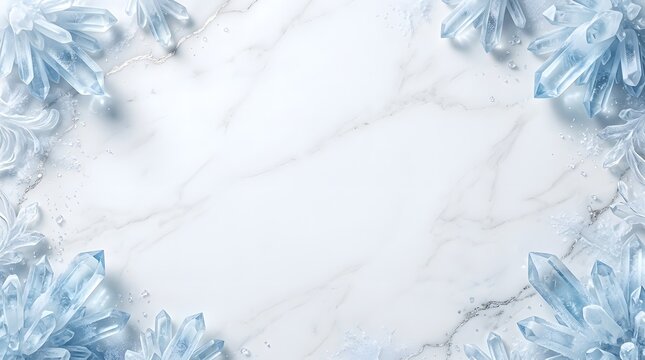 White marble surface framed by luminous blue ice crystals creates an opulent and serene winter-themed background.
