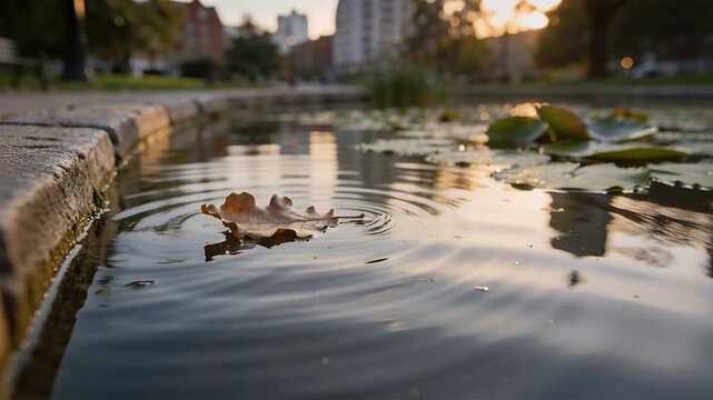 Floating brown fallen leaf bobbing as small disturbance sends ripples at urban pond near stone rim