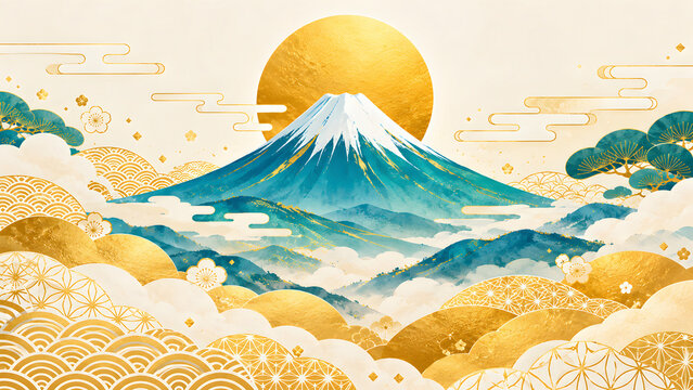 Mount fuji landscape with golden sun, turquoise mountains, and traditional japanese patterns
