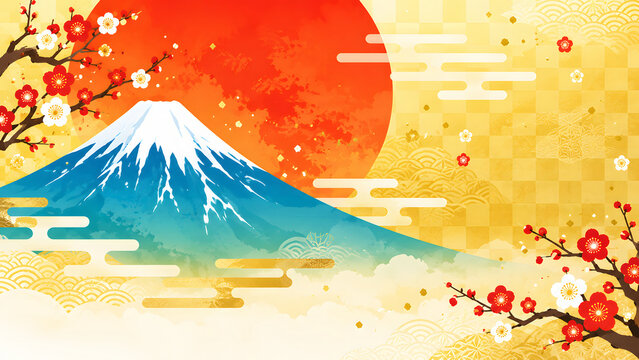 Mount fuji, red sun, and plum blossom branches on gold patterned japanese background panorama