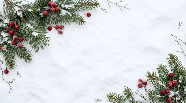 Winter christmas background with snow covered fir branches and red berries on white snowy texture.