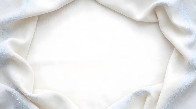 White fabric draped like a frame with subtle blue edges and textured surface, creating a luxurious border for copy space.