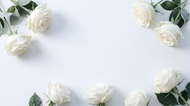 White roses with frosty leaves form a floral frame on a light background, ideal for wedding or winter themes.