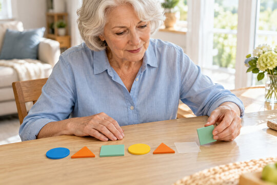 Senior woman arranges colorful geometric shapes on a table in a bright home. Activity supports concentration, learning, and cognitive training.