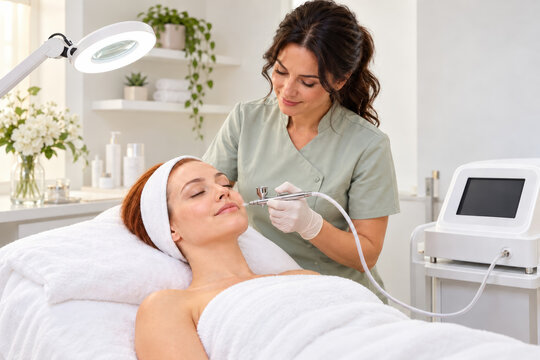 Adult woman receives a professional facial treatment from an esthetician in a bright skincare clinic. The practitioner uses a handheld device while the client relaxes.