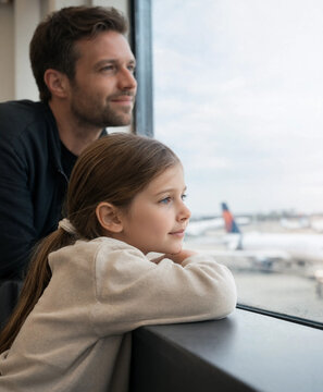 A father and young daughter look through a large airport window at an airplane and runway, sharing a quiet travel moment.