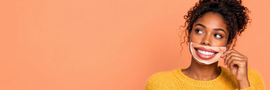 Young woman with curly hair smiles while touching her cheek against a bright orange background. Colorful portrait with copy space for beauty and lifestyle designs.