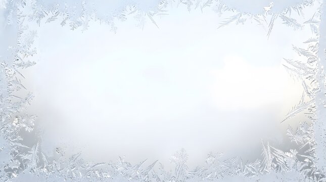 Intricate frosty patterns on a window glass form a natural winter border, perfect for holiday greetings and seasonal designs.