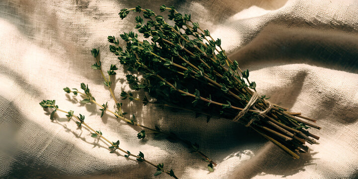 Fresh thyme bundle on rustic linen cloth with loose sprigs