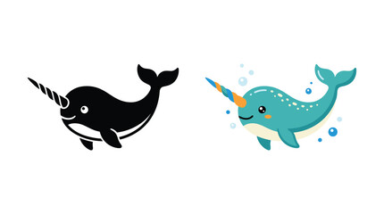 Narwhal illustration with a colored version and black silhouette © Rajia