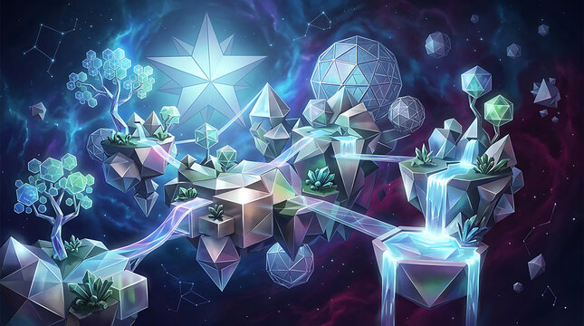 Abstract futuristic network of glowing geometric islands in cosmic space